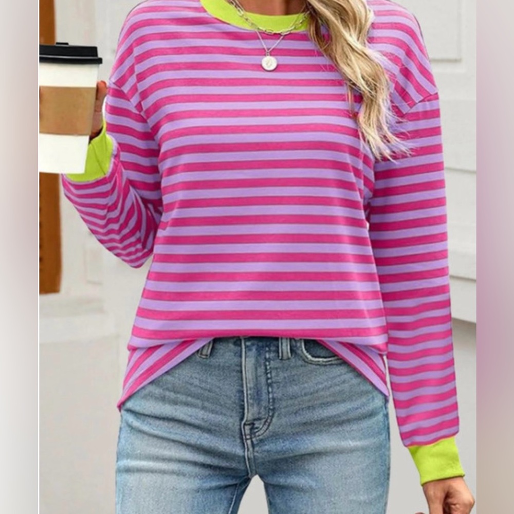 Wiholl Contrast Striped Crew T shirt for Women Sz L NWT